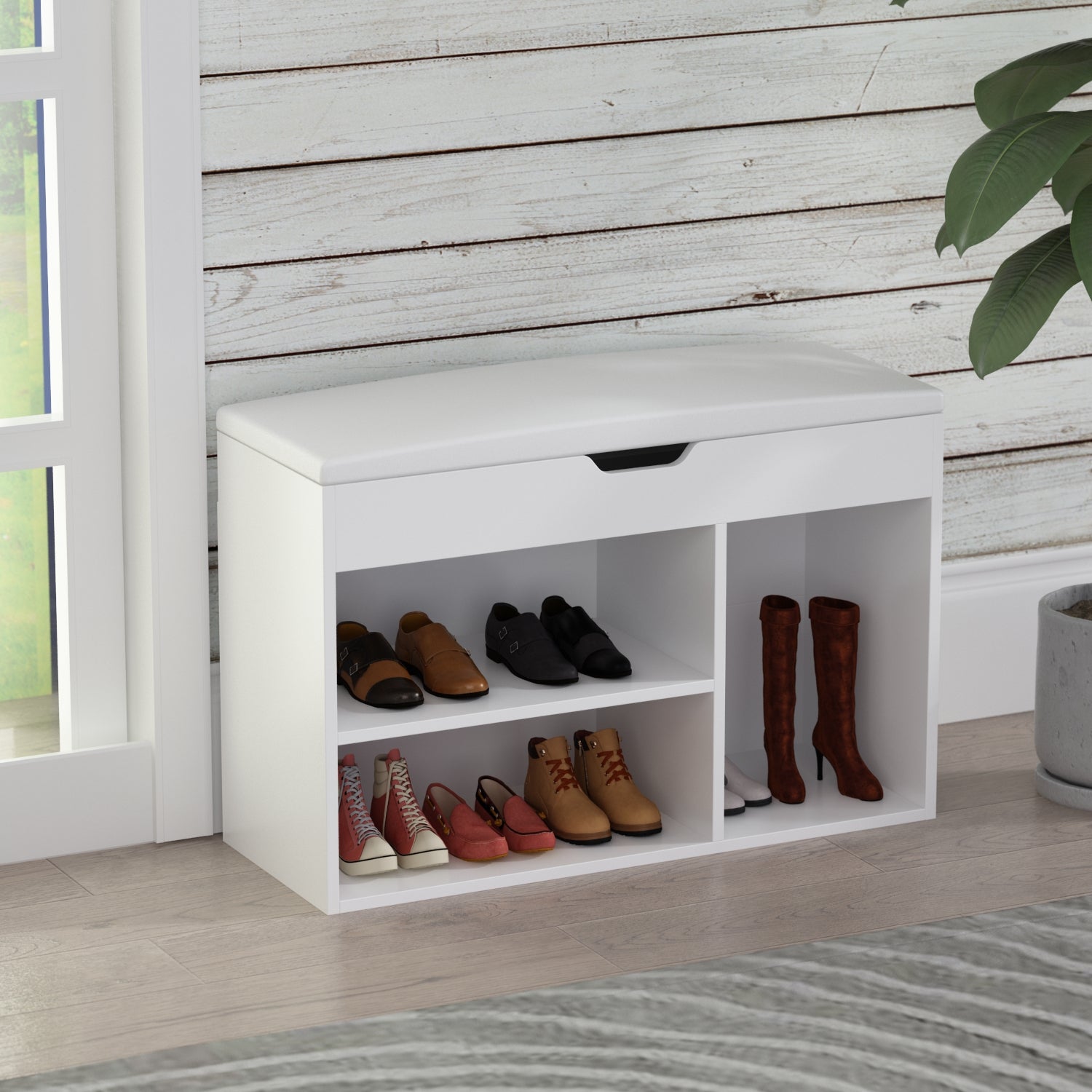 Shoe Bench Boot Organizer, Storage Bench with Flip-Open Storage Box, Padded  Shoe Rack with Hidden Compartment and 3 Cube
