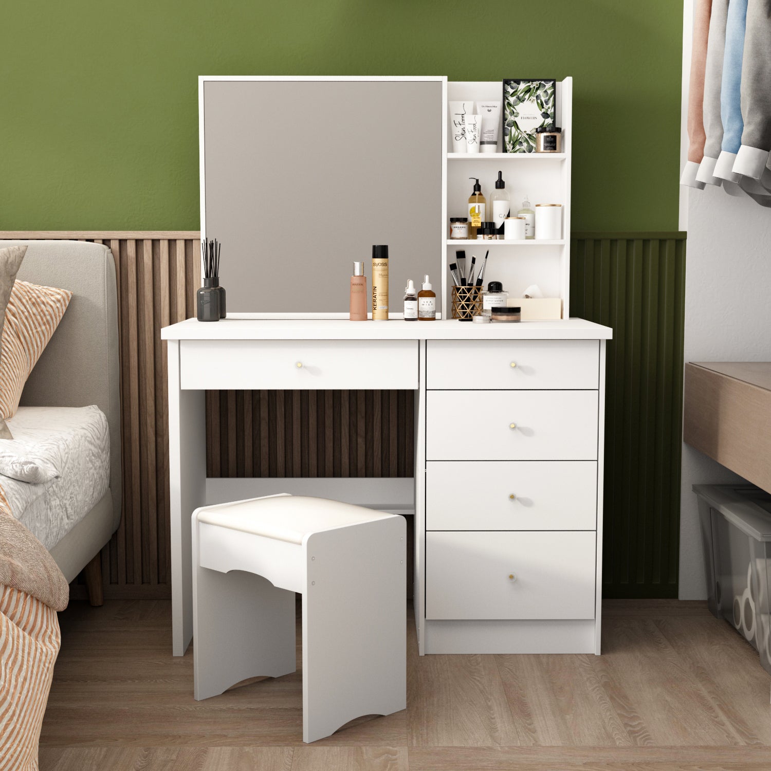 Vanity Table w/5 Drawers & Storage Shelves Makeup Table Lighted Mirror  Dresser